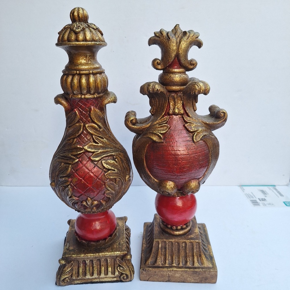 Vintage Style Gold and Red Decorative Finial Statues Set of 2 Ornate Accents